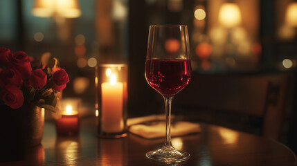 Glass of red wine with elegant reflections, placed on a candle-lit dinner table with a luxurious restaurant ambiance