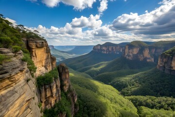 Obraz premium 3 Sisters rock formation in Australia on a sunny day with clouds