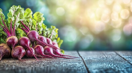 Fresh beets on wooden table, garden background, healthy food