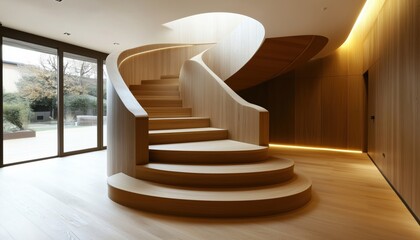 Luxurious Contemporary Wood Staircase Featuring A Curved Wall In Modern Style