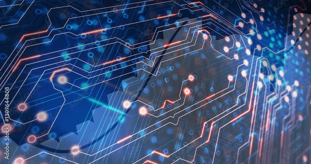 Poster glowing lines and nodes forming circuit board pattern, representing digital animation