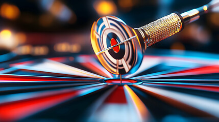 Dart striking bullseye; precision, success, achievement; dark, blurred background; motivational imagery
