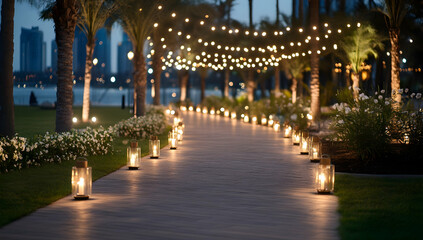 Illuminated walkway at dusk, palm trees, city skyline, romantic ambiance, perfect for event promotion