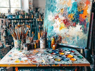 Artist's messy studio table with paints, brushes, and canvas.