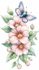Delicate pink flowers and butterfly arrangement; perfect for cards or home decor