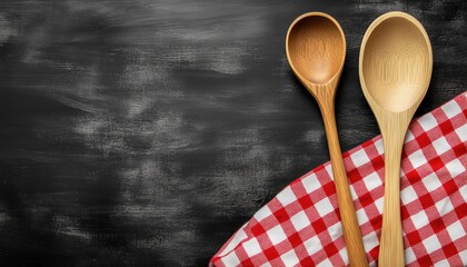 Wooden Spoon Resting On A Chalkboard With A Vibrant Red Checkered Tablecloth Underneath- A Rustic And Charming Kitchen Scene.