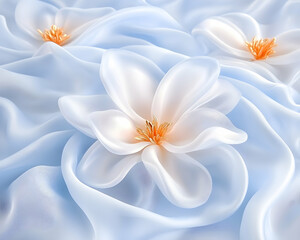 Fototapeta premium Delicate white flowers on flowing blue silk; elegant background for design or print