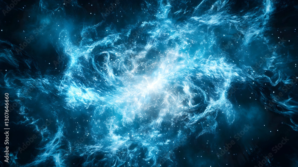 Poster glowing blue nebula with swirling cosmic clouds and scattered stars in deep space, creating mesmeriz