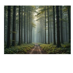 Full outdoor shot of a path in a dense forest, bathed in a soft, diffused light that suggests a misty or foggy morning