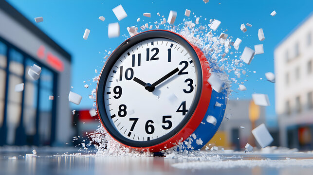 Red and Blue Clock Exploding into Fragments on City Street