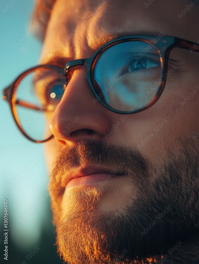 Aufkleber close up of man with glasses reflecting colors during sunset in a serene outdoor setting generative 