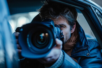 Private Investigator Capturing Images with SLR Camera from Inside Car