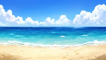 Obraz premium Sunny beach scene with turquoise ocean and fluffy clouds.