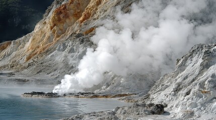 Steaming Waters and Rocky Cliffs Landscape with Ethereal Vapor Clouds Scenery