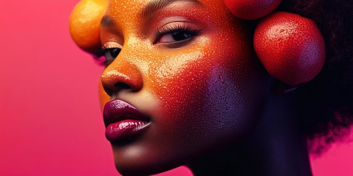 beauty composition showcasing a woman’s face merging with oranges and grapefruit, highlighting glossy textures - Powered by Adobe