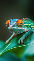 A tiny chameleon baby perched on a green leaf, its vibrant colors blending with the background