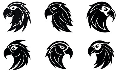 Six black and white, stylized bird head logos, likely for use as icons or graphics.