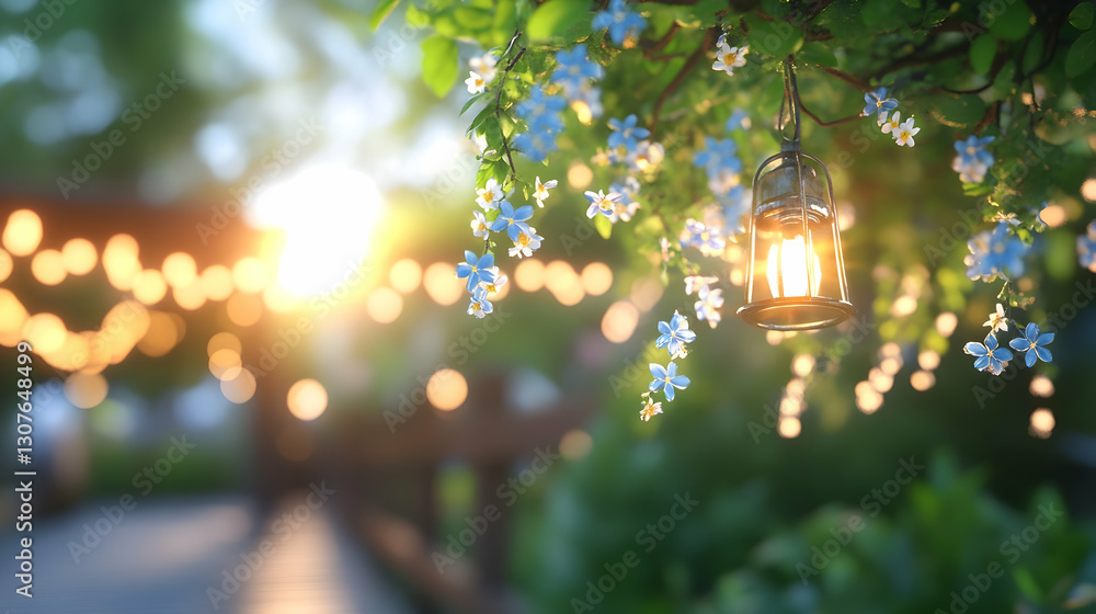 Poster lantern hanging from flowering branch at sunset garden party. bokeh lights and walkway in background