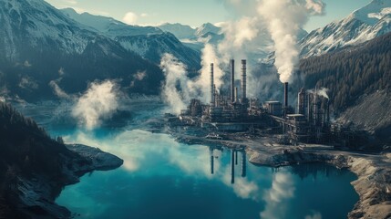 Fototapeta premium Scenic Factory Landscape. Chimneys Emit Smoke Over Mountains and Turquoise Lake.