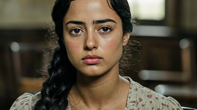 Young woman with braided hair looks directly at the camera in a rustic interior with soft lighting and serious expression
