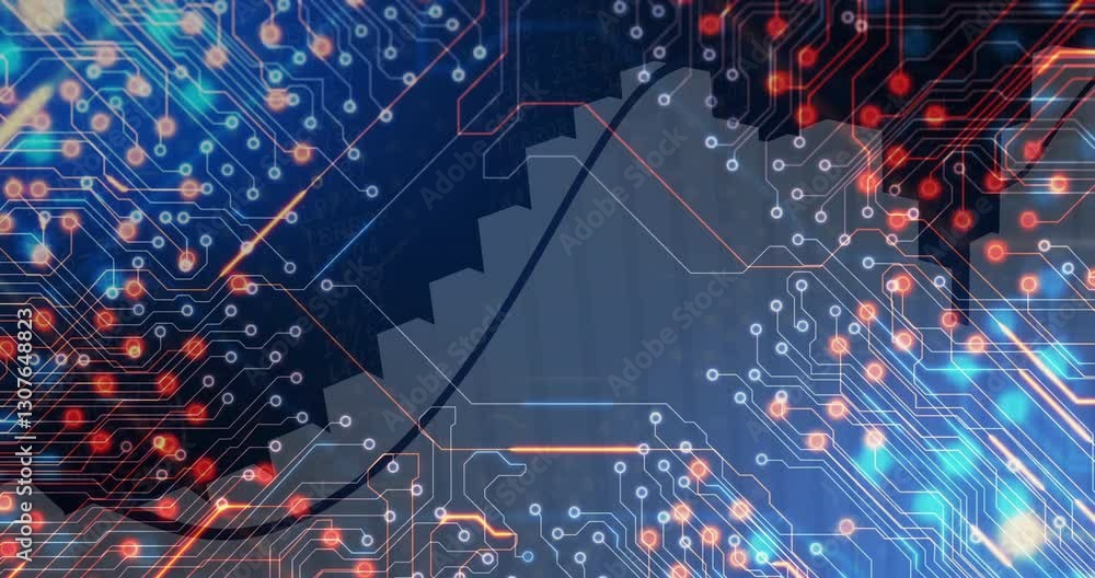 Poster animation of circuit board pattern overlaying abstract gear and graph design