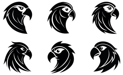 Six black and white, stylized bird head logos, likely for use as icons or graphics.