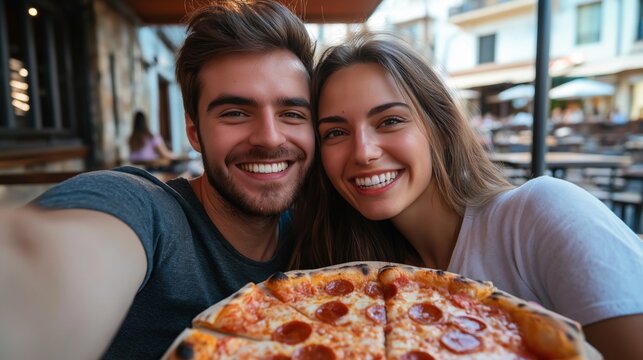 Smiling faces radiate happiness as a couple captures a delightful selfie, savoring delicious pizza together at a lively outdoor cafe during the afternoon sunshine