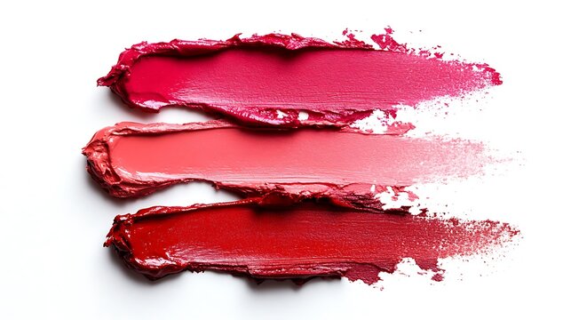 Three swatches of red lipstick shades on white background.