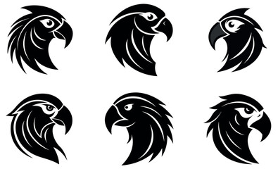 Six black and white, stylized bird head logos, likely for use as icons or graphics.