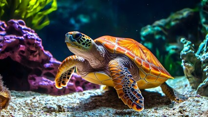 Fototapeta premium A detailed image of a sea turtle swimming gracefully among colorful coral and aquatic plants in a vibrant underwater environment. Concept Underwater Scene, Sea Turtle, Vibrant Coral Reef
