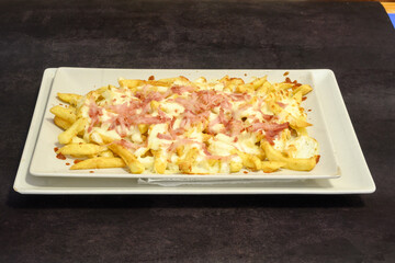 A plate of french fries with cheese and bacon on top