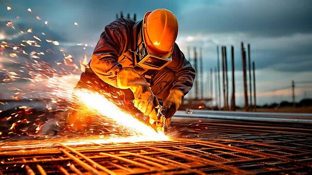 Construction worker welding steel reinforcements at a building site with sparks flying.
