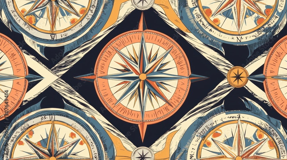 Poster seamless pattern with a repeating design of a compass rose. the compass rose is in the center of the