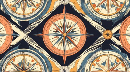 Fototapeta premium Seamless pattern with a repeating design of a compass rose. the compass rose is in the center of the image and is surrounded by a blue background.