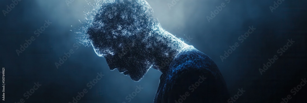 Aufkleber futuristic silhouette of a human formed by digital particles in a dark blue and silver environment r