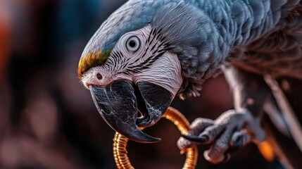 Obraz premium Close-up of a parrot's head and neck. the parrot appears to be a macaw, with a blue and grey body and a yellow crest on its head.