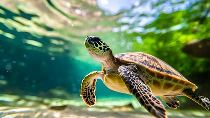 A sea turtle swimming underwater with sunlight filtering through the surface, surrounded by clear blue-green water. Concept Sea Turtle Underwater, Sunlight Filtering, Clear Blue-Green Water