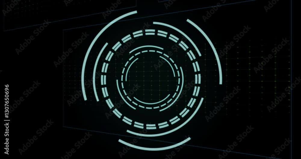 Aufkleber animation with purple waveforms and circular patterns in futuristic digital interface