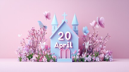 Decorative spring scene featuring pastel church and flowers for a special event on April 20