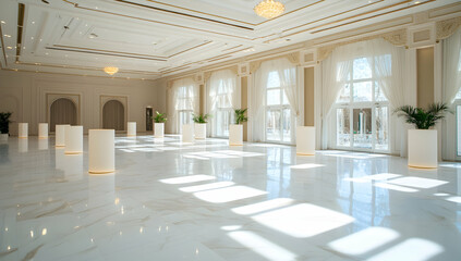 Luxurious ballroom with high ceilings, marble floors, and large windows overlooking a sunny courtyard, ideal for events and gatherings