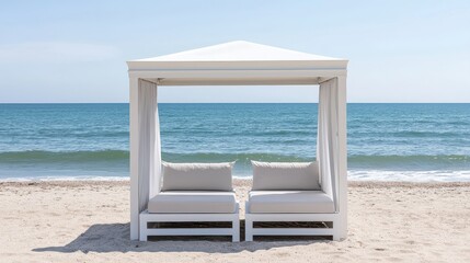 Obraz premium A serene beach scene featuring a white cabana with soft cushions, overlooking calm waves and a clear sky.