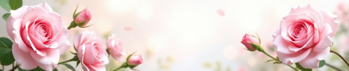 Fototapeta premium Pastel pink roses in full bloom on a soft white background, floral, greenery
