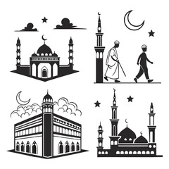 Islamic Art Designs Featuring Mosques and Crescent Moons