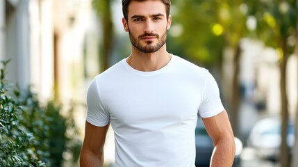 Fototapeta premium Young Adult Man Portrait in White T-shirt. Casual Style and Natural Look
