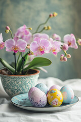 Fototapeta premium Pastel Easter Eggs and Orchids. Pastel Easter Eggs and Orchids