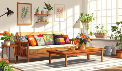 Obraz premium Sunny, colorful living room interior with a comfy sofa, plants, and artwork.
