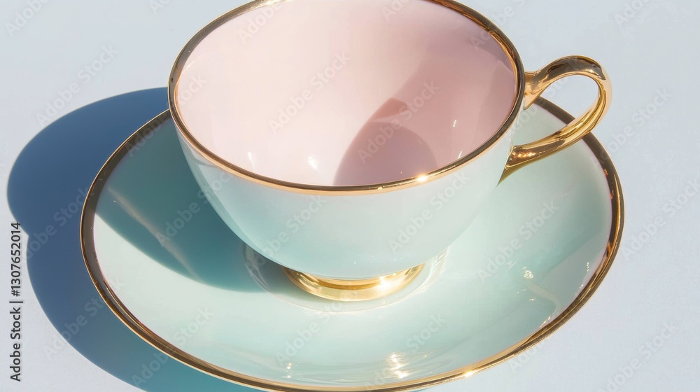Poster close-up of a teacup and saucer. the cup is white with a gold rim and handle. the rim is slightly cu