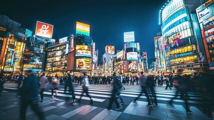 Crowds cross the bustling streets of Shibuya at night under bright neon lights in Tokyo