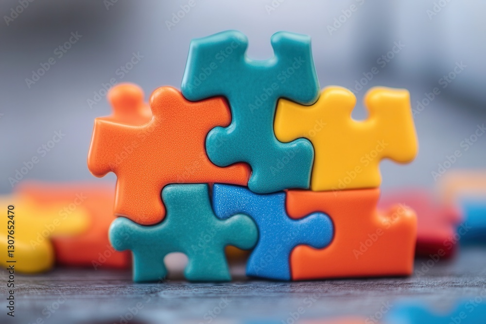 Aufkleber colorful puzzle pieces stacked creatively in a playful arrangement on a table, inviting engagement a