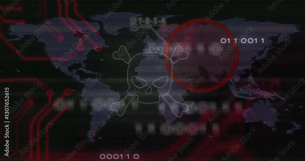 Poster animation of digital skull and binary code overlaying world map with red region
